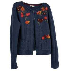 Sundance Woman's Sweater Cardigan Size XS Blue Floral Cable Knit Lambswool